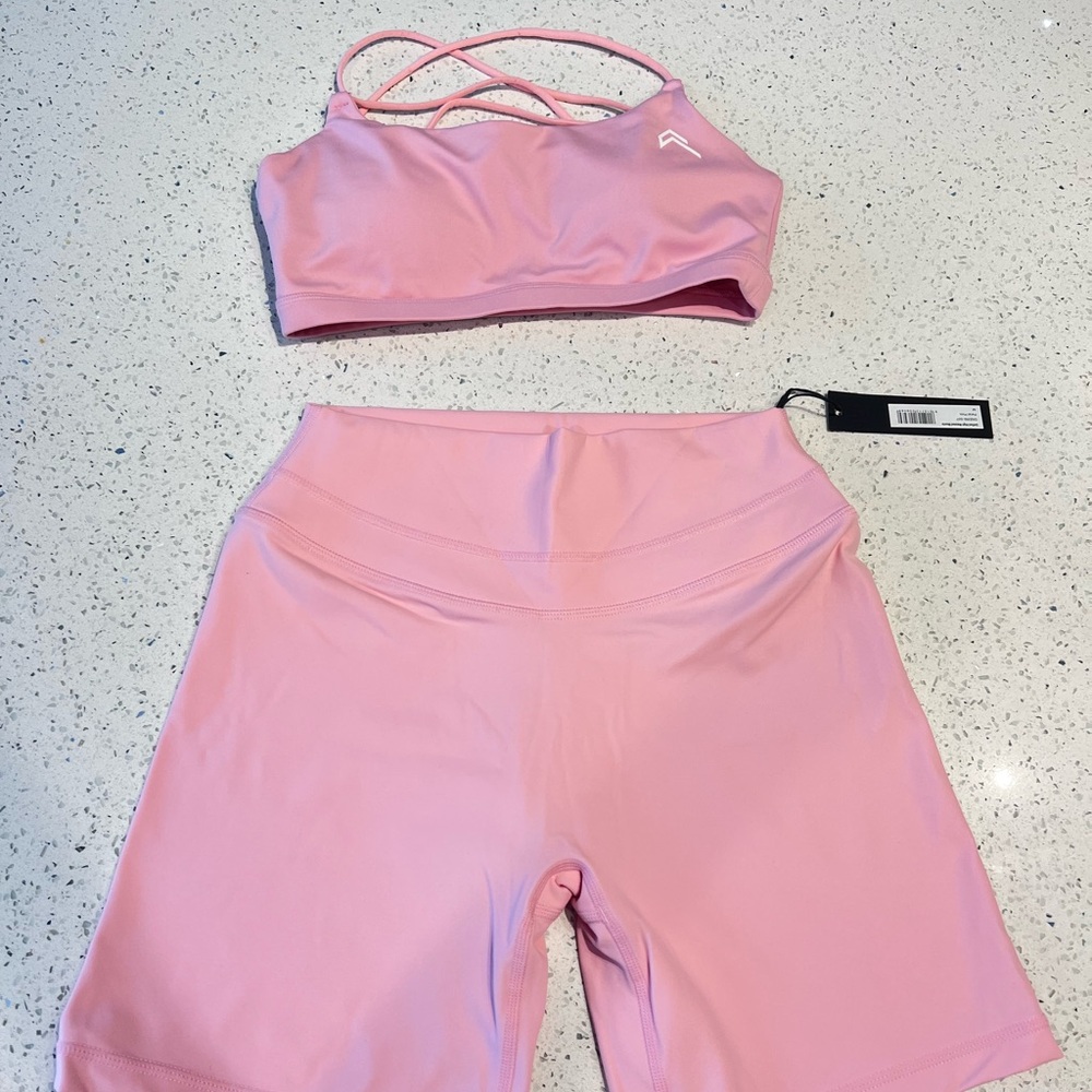 Oner Active Petal Pink Unified Shorts and Sports Bra Set. Bra S Shorts M
